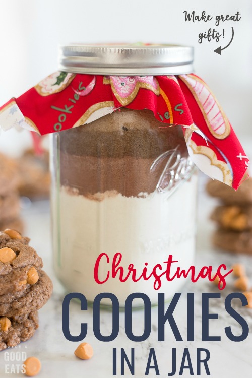 Christmas Cookies in a Jar are a great teacher gift or hostess gift to bring to a holiday gathering. Add a delicious cookie recipe to a mason jar and top it with holiday fabric for a simple homemade gift.