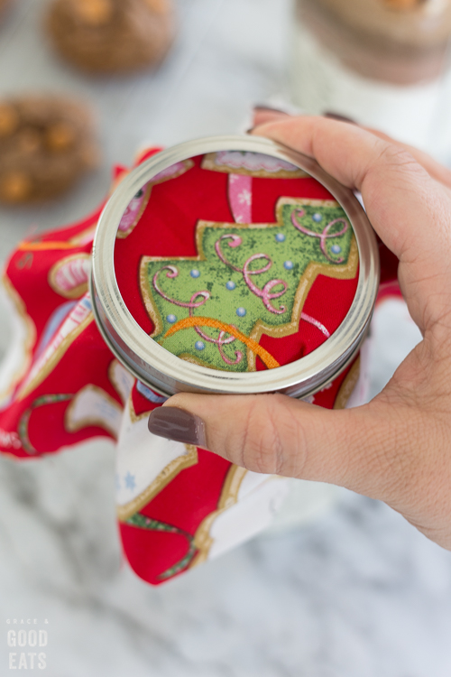 Christmas fabric added to a mason jar