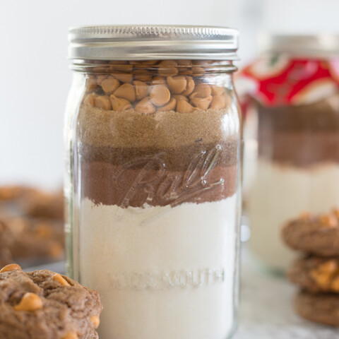 mason jars filled with cookie ingredients