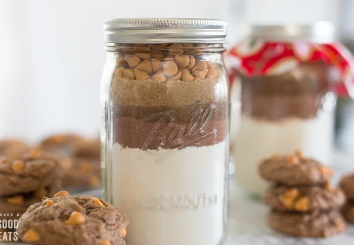 mason jars filled with cookie ingredients