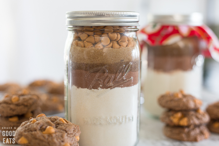 mason jars filled with cookie ingredients