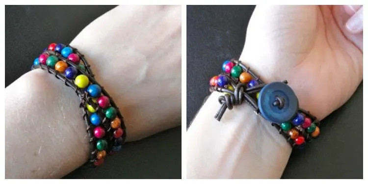 closeup of leather bead bracelet on