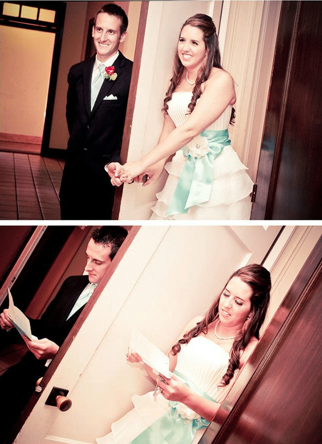 bride and groom holding hands on either side of a door without seeing eachother
