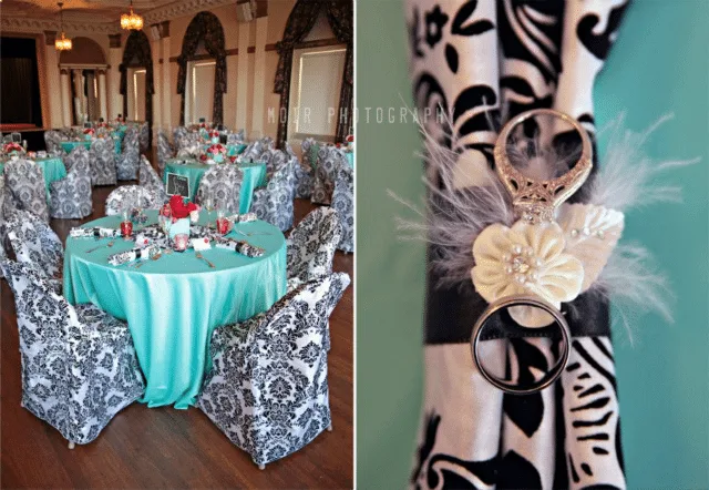 table settings with blue tablecloths and damask chair covers