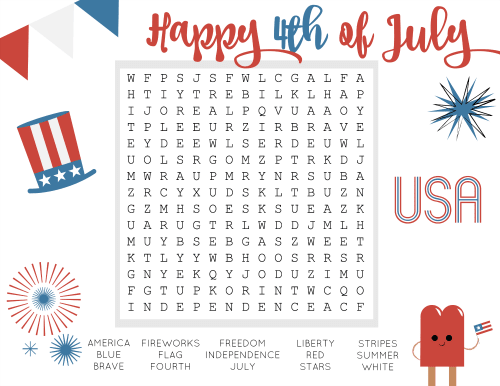 Print this July Fourth Word Search Free Printable for your kiddos.  Word searches are great for young readers and perfect for indoor quiet time.