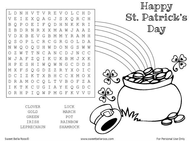 Free St. Patrick's Day Word Search & Coloring Page Printable sweetbellaroos.com #free #printable