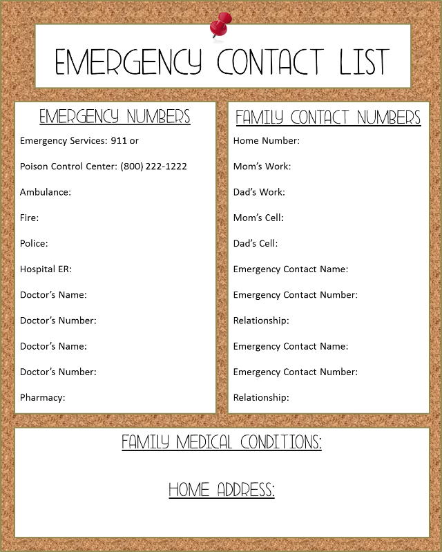 Free Printable Emergency Contact List
