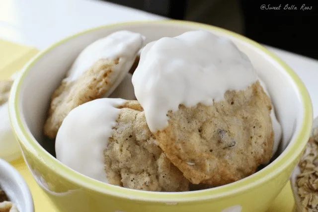 oatmeal walnut cookies in a yellow bowl 