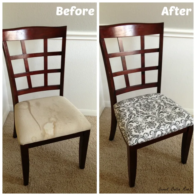 dining room chairs- if you think you can't recover a chair, you can. So easy!
