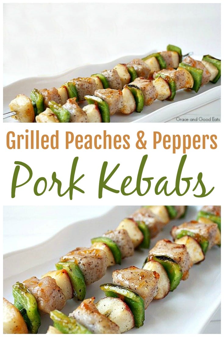 This quick and easy grilled peaches and peppers pork kebabs recipe requires less than ten ingredients and cooks in about 10 minutes!