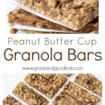 Yummy pieces of chopped peanut butter cups in a chewy granola bar. These Peanut Butter Cup Granola Bars are a delicious after-school snack or lunchbox treat!