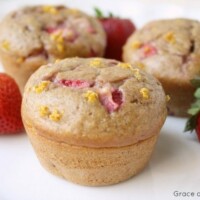 closeup of a strawberry banana muffin