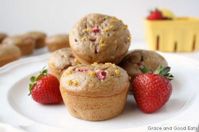 strawberry banana muffins stacked together