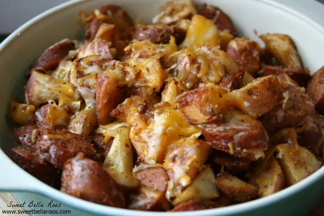 smoked sausage and potato bake 
in a baking dish 