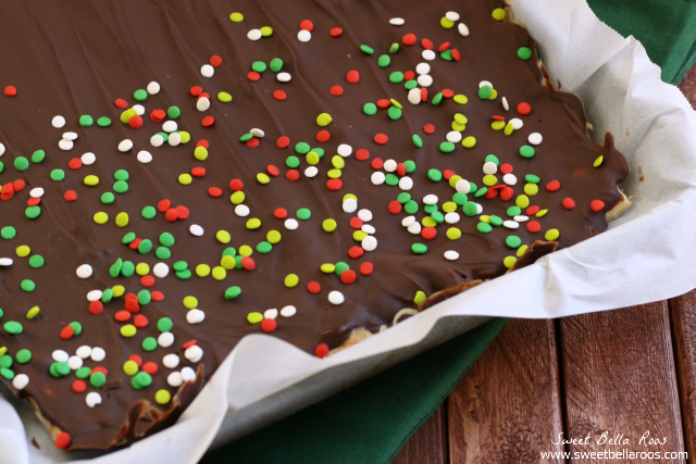 A tray of Christmas crack with sprinkles on top. 