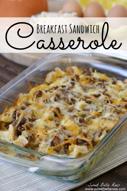 This Overnight Breakfast Sandwich Casserole tastes just like a sausage biscuit breakfast sandwich- but in an easy to make casserole!