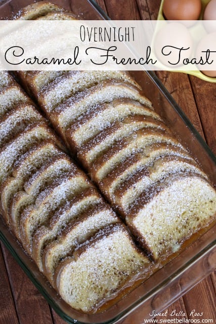 overnight french toast casserole in a glass baking dish. 