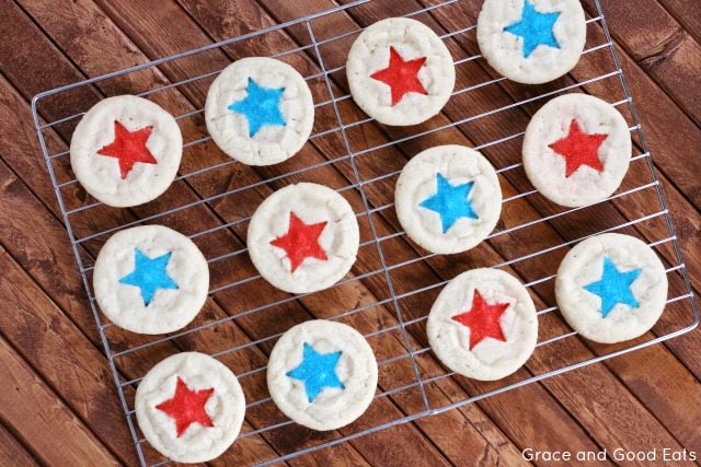Patriotic Sugar Cookies with sprinkles on a cooling rack