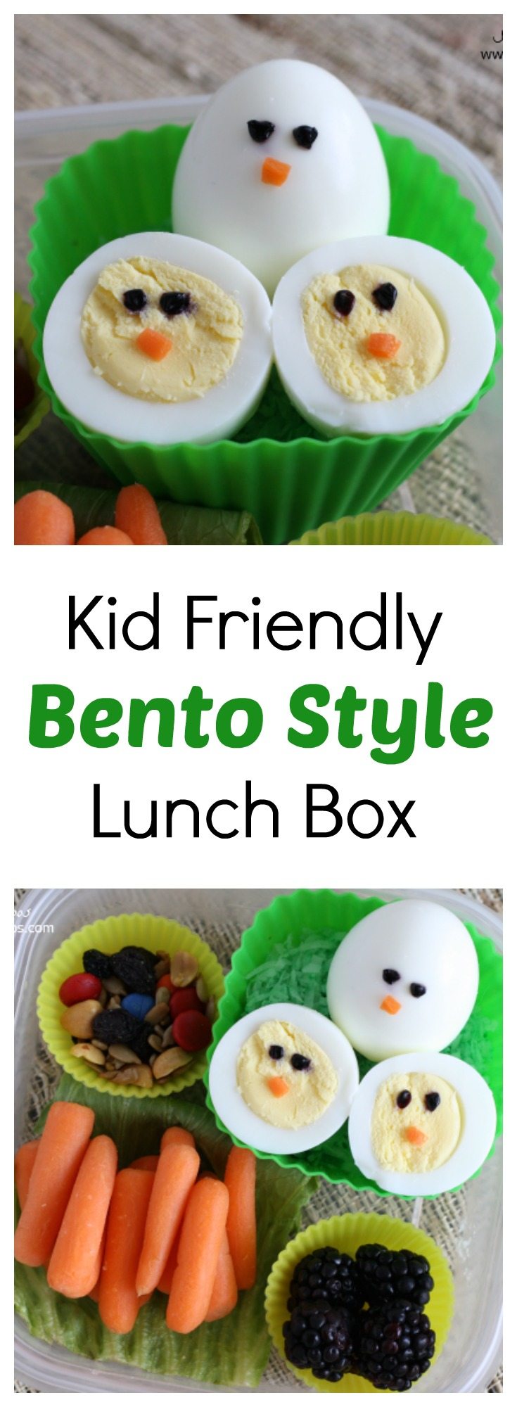 Easy Bento lunch ideas with hardboiled eggs, fruit, veggies, and trail mix. Turn hardboiled eggs into cute chicks in this kid-friendly bento lunchbox.