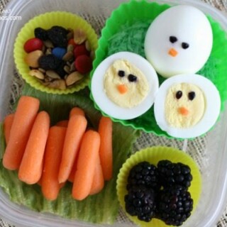 Easy Bento lunch ideas with hardboiled eggs, fruit, veggies, and trail mix. Turn hardboiled eggs into cute chicks in this kid-friendly bento lunchbox.