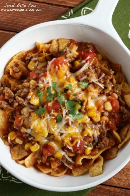 overhead view of bowl of taco chili soup