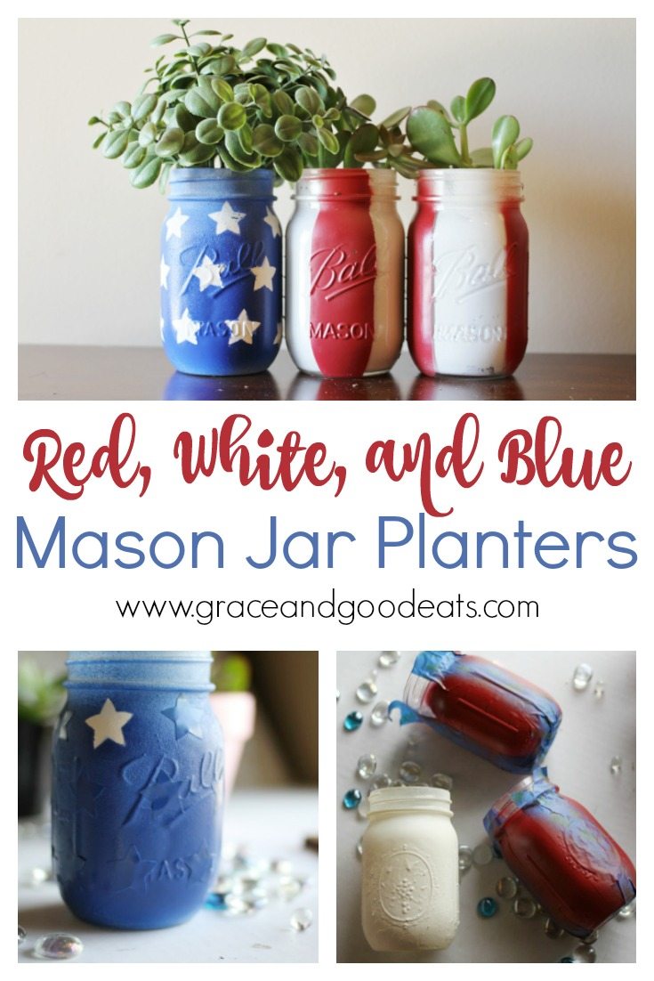How cute are these DIY American Mason Jar Planters? Grab some old mason jars and low maintenance succulents for this super easy 4th of July craft.