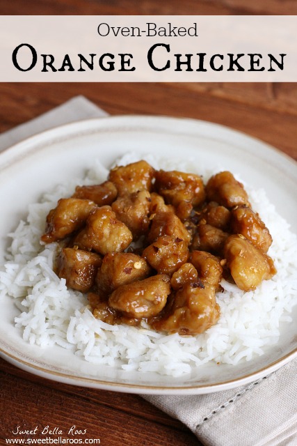 baked orange chicken and rice on white plate