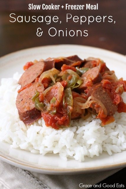 crockpot sausage and peppers with rice on a white plate 