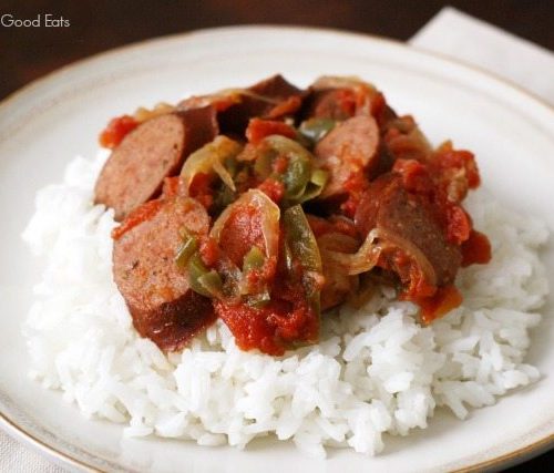 Sausage and peppers with cheap rice