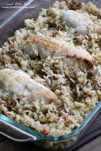 chicken and rice casserole from scratch in a glass baking dish 