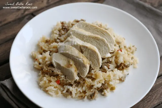 serving of easy chicken and rice casserole on a white plate 