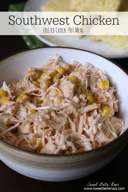 southwest crockpot chicken with cream cheese and corn in a bowl 