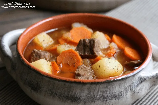 simple slow cooker beef stew in a ramekin