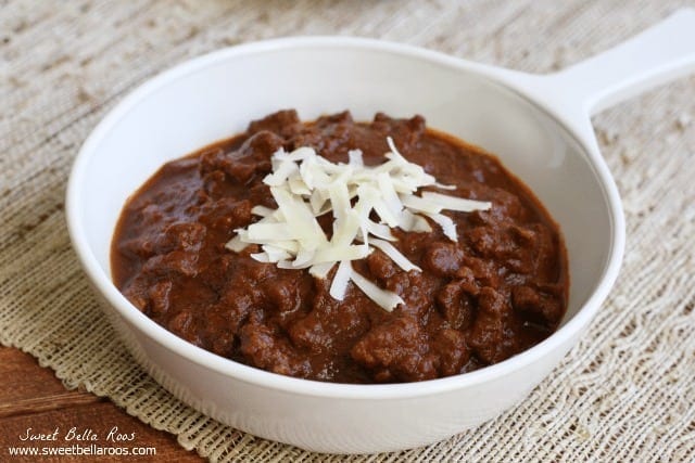 small white bowl with homemade no bean chili