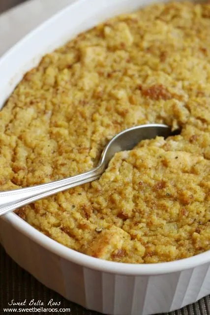 a spoon digging into a dish of southern style dressing
