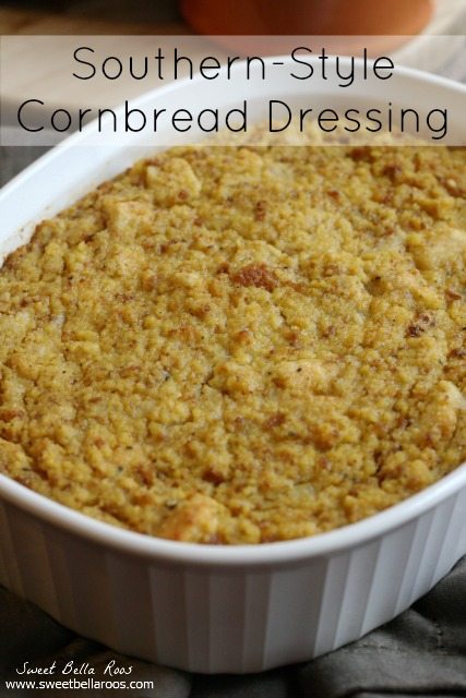 southern cornbread dressing in a white casserole dish