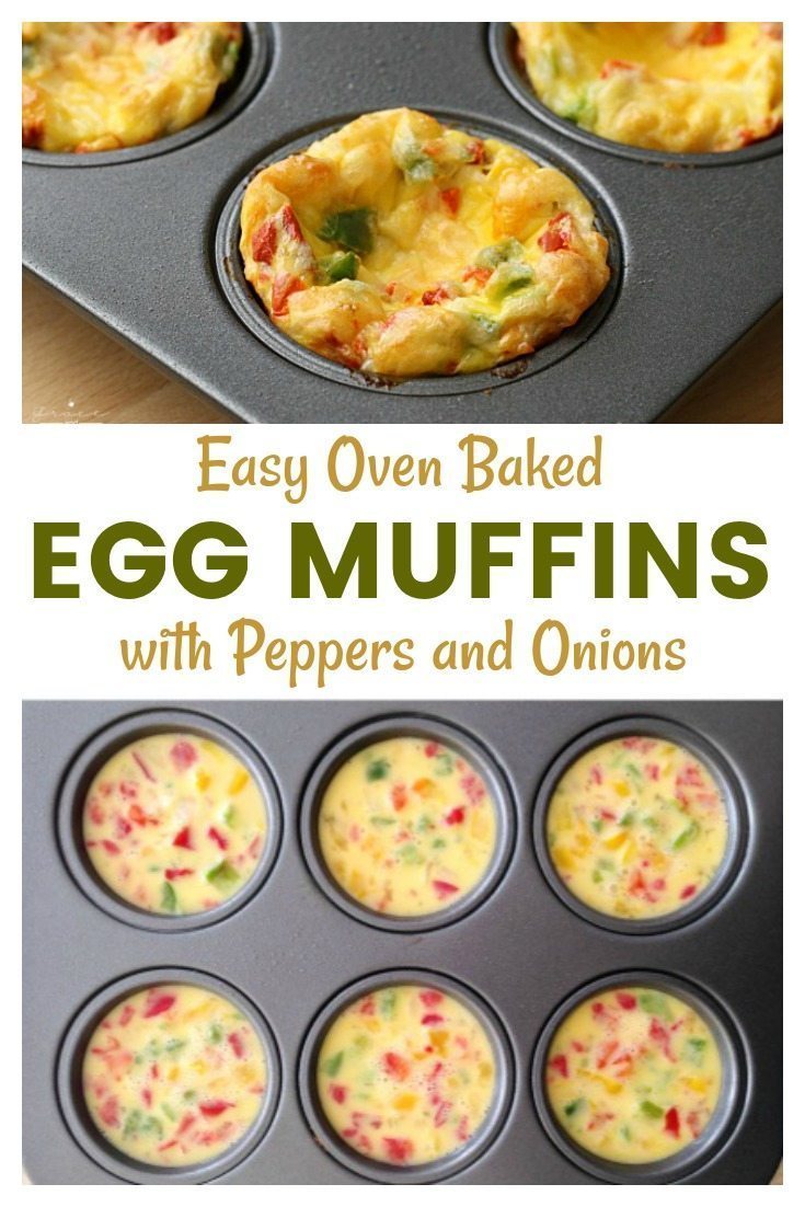 These easy oven baked Egg Muffins with onion, peppers, and cheese are the perfect grab and go breakfast! Packed with protein and so easy to customize.
