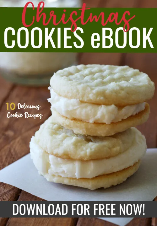 cover of a holiday cookies ebook with stacked lemon cookies