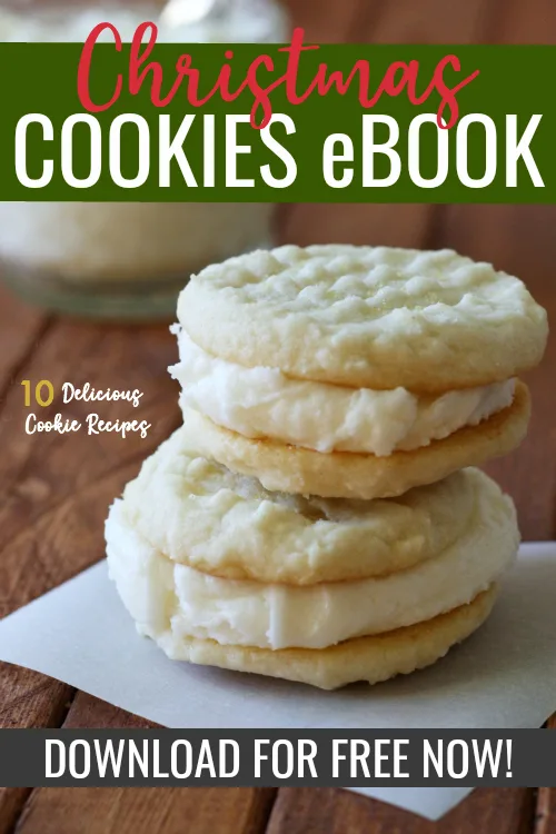cover of a holiday cookies ebook with stacked lemon cookies