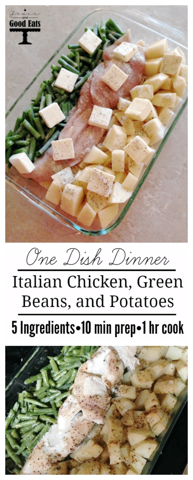 One dish dinner! Italian chicken, green beans, and potatoes. 5 ingredients, easy and delicious! Will make this again for sure.