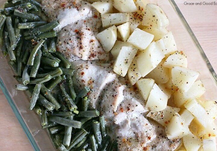 casserole dish with green beans, chicken, and potatoes