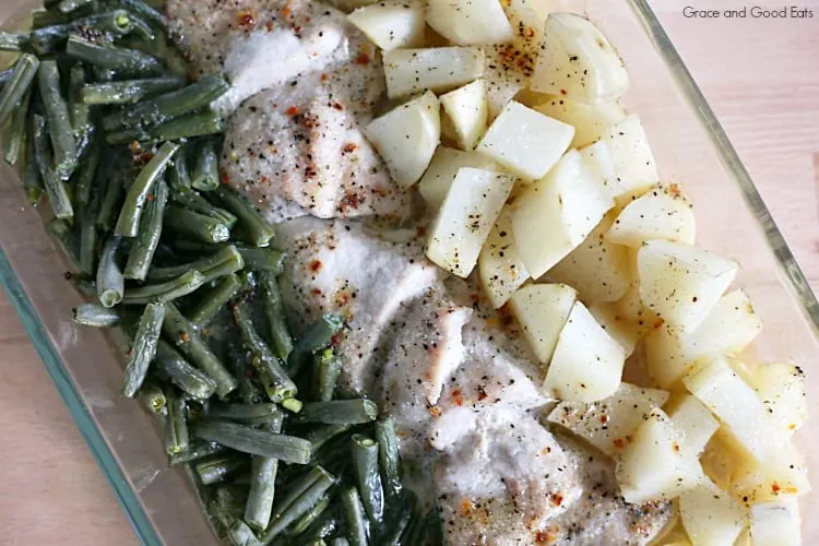 casserole dish with chicken, green beans and potatoes