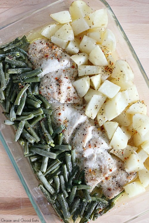 casserole dish of chicken green beans and potatoes