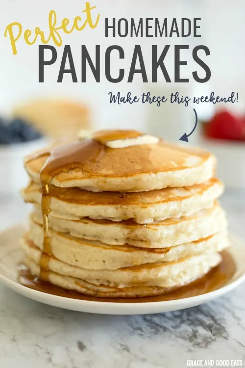 Easy Pancakes | Simple ingredients and a few minutes time is all you need to make this delicious pancake recipe. Load these perfect pancakes up with fresh fruit or drown them in your favorite maple syrup. #pancakes #homemadepancakes #fluffypancakes #pancakerecipe #graceandgoodeats