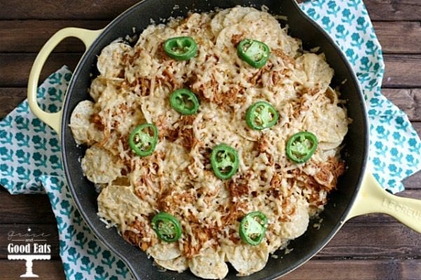 chicken nachos in a large skillet