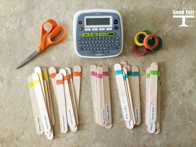 popsicle sticks, washi tape, and a label maker