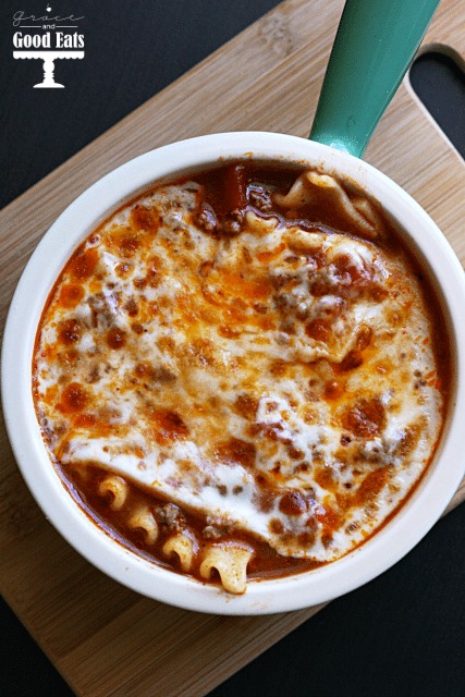 top view of lasagna soup in a small green soup bowl 