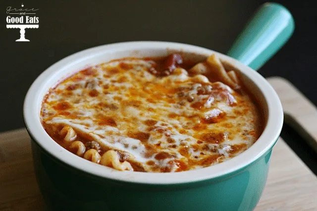 lasagna soup in a small green soup bowl 