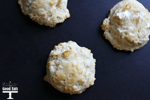 overhead view of three buttermilk drop biscuits