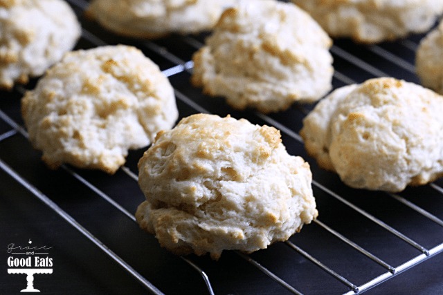 homemade drop biscuits on a wire cooling rack 